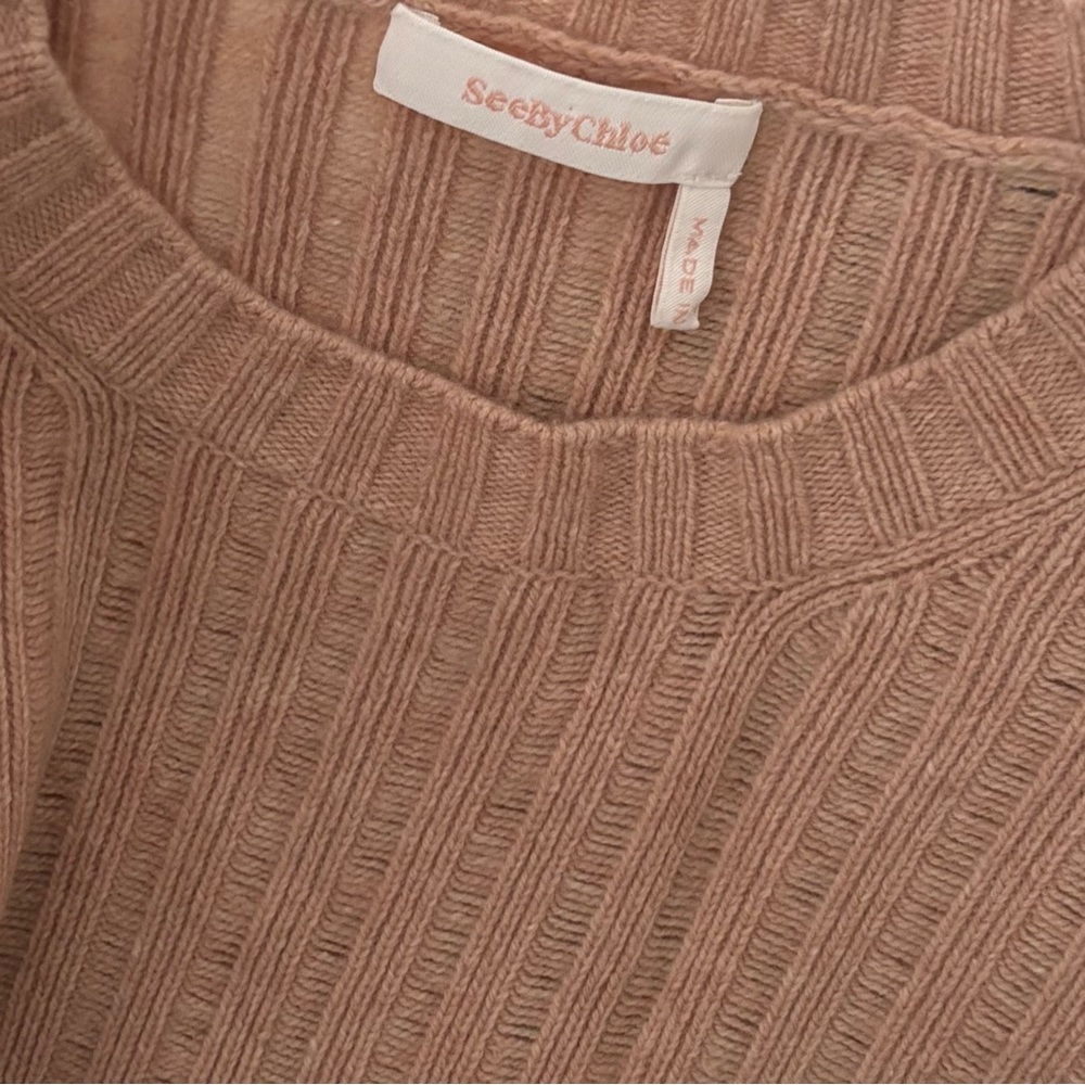 See by Chloe Wool Blend Knit Lace Sleeve Crewneck Sweater Cameo Rose Size M $325 - Picture 8 of 14